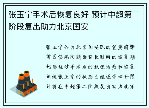张玉宁手术后恢复良好 预计中超第二阶段复出助力北京国安